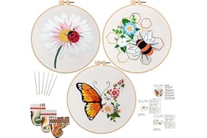 Nuberlic 3Pack Funny Embroidery Kits for Adults Beginner, Stamped Cross Stitch Kit for Crafts Starters with Cute Bees Butterfly Patterns Include Embroidery Hoop Cloth Thread Needles, Instructions