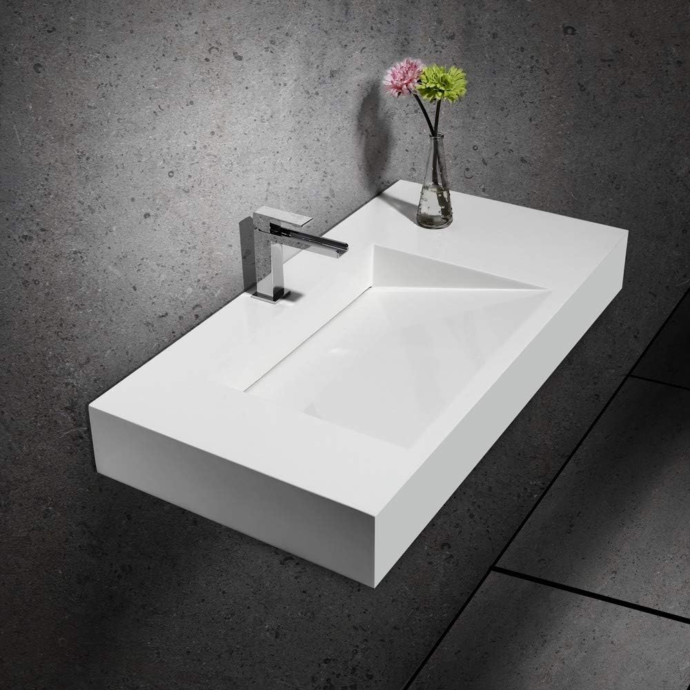 Weibath Lavabo de pared rectangular de resina con piedra para colgar
