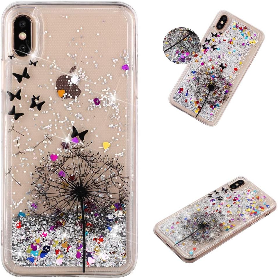 Glitter Case for iPhone Xs MAX,QFFUN Bling Floating Liquid Quicksand Soft Clear Slim Fit Silicone Case with Screen Protector Shockproof Anti-Scratch Bumper Protective Cover - Dandelion
