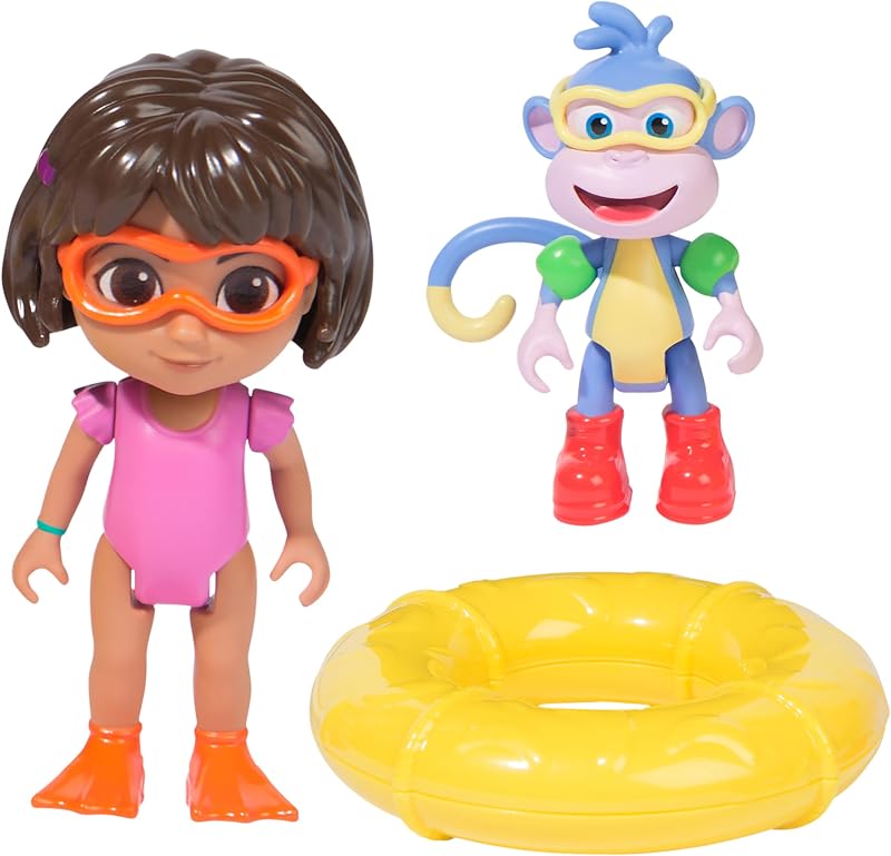 LA EXPLORADORA - Pack de Aventura Acuática Dora y Botas: 2 Figuras Articuladas + Flotador de Juguete - 6073670 - Juguetes Niña 3 años + - Regalo Niña 3 años + - Juegos Infantiles