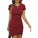Laughido Women's Ruched Fitted Short Sleeve Bodycon T Shirt Sundress Casual Sheath Dress