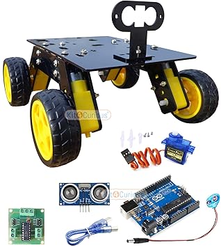 Kit4Curious Acrylic 4 Wheel Drive Smart Robotic Chassis for DIY Robotics Complete Kit with Arduino Servo Sensor Motor Driver
