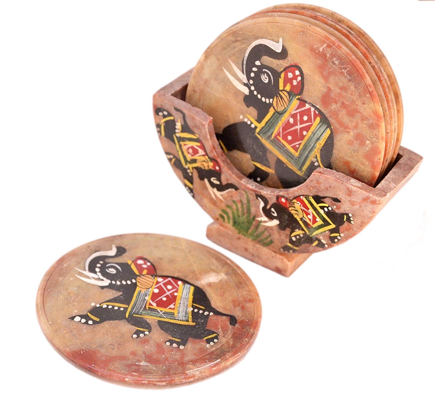 Purpledip Stone Coaster Set With Folk Artist Painting; Unique Indian Gift Memorabilia Souvenir (10594)
