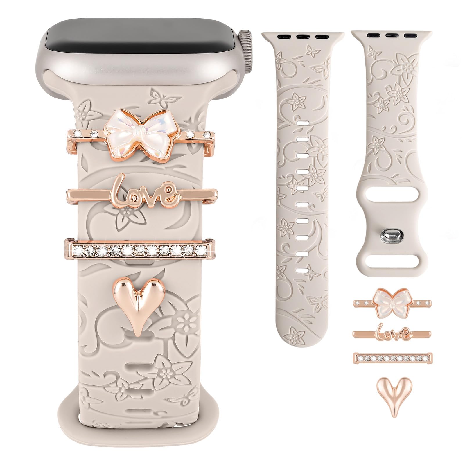Charm+Band for Apple Watch Bands 40mm 41mm 38mm 44mm 45mm 46mm 42mm Women,Floral Engraved Silicone Sport Band+Decorative Ring Loops for iWatch Series 11 10 9 8 7 6 5 4 SE/Ultra 49mm 3/2,Jewelry Strap