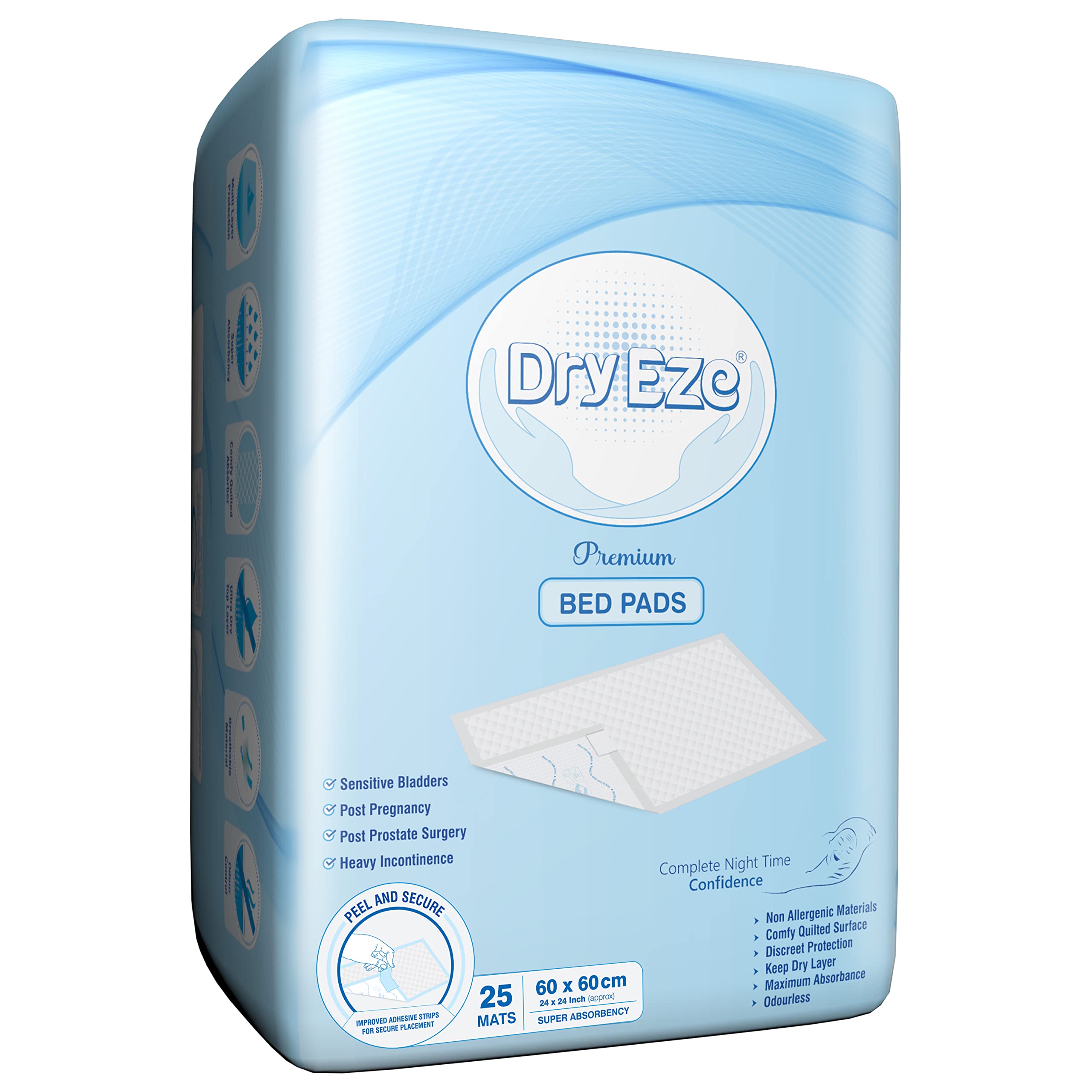DryEze Super Absorbent Disposable Incontinence Bed Pads for Mattress Furniture Sofa Chair Protector Pet Training, Puppy Pad - High Absorbency Mats (60x60 cm (Pack of 25))