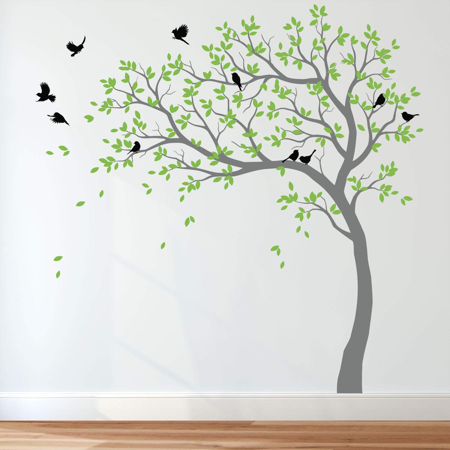 Large Tree Wall Decals Wall Tattoo Large Nursery Tree Decals Wall Mural Removable Vinyl Wall Sticker (Leaning Left, Grey, Lime-Tree Green, Black)
