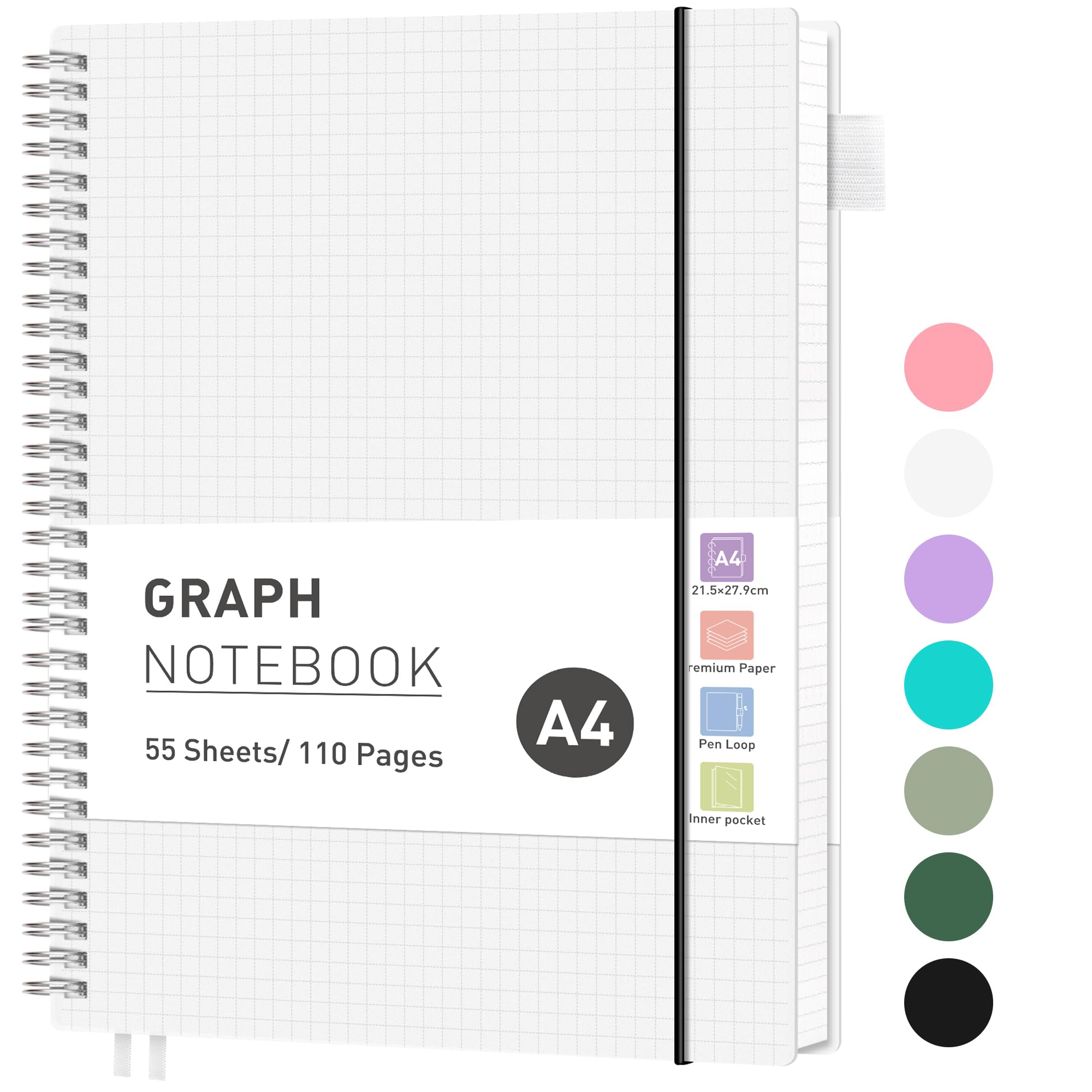 RETTACY Graph Grid Paper Notebook, 110 Pages, A4 Size (21.5 x 28 cm), 5mm per Square, 100 GSM Thick Paper, Flexible Plastic Cover, Spiral-bound, for School, Students, Math, Engineering (Transparent)