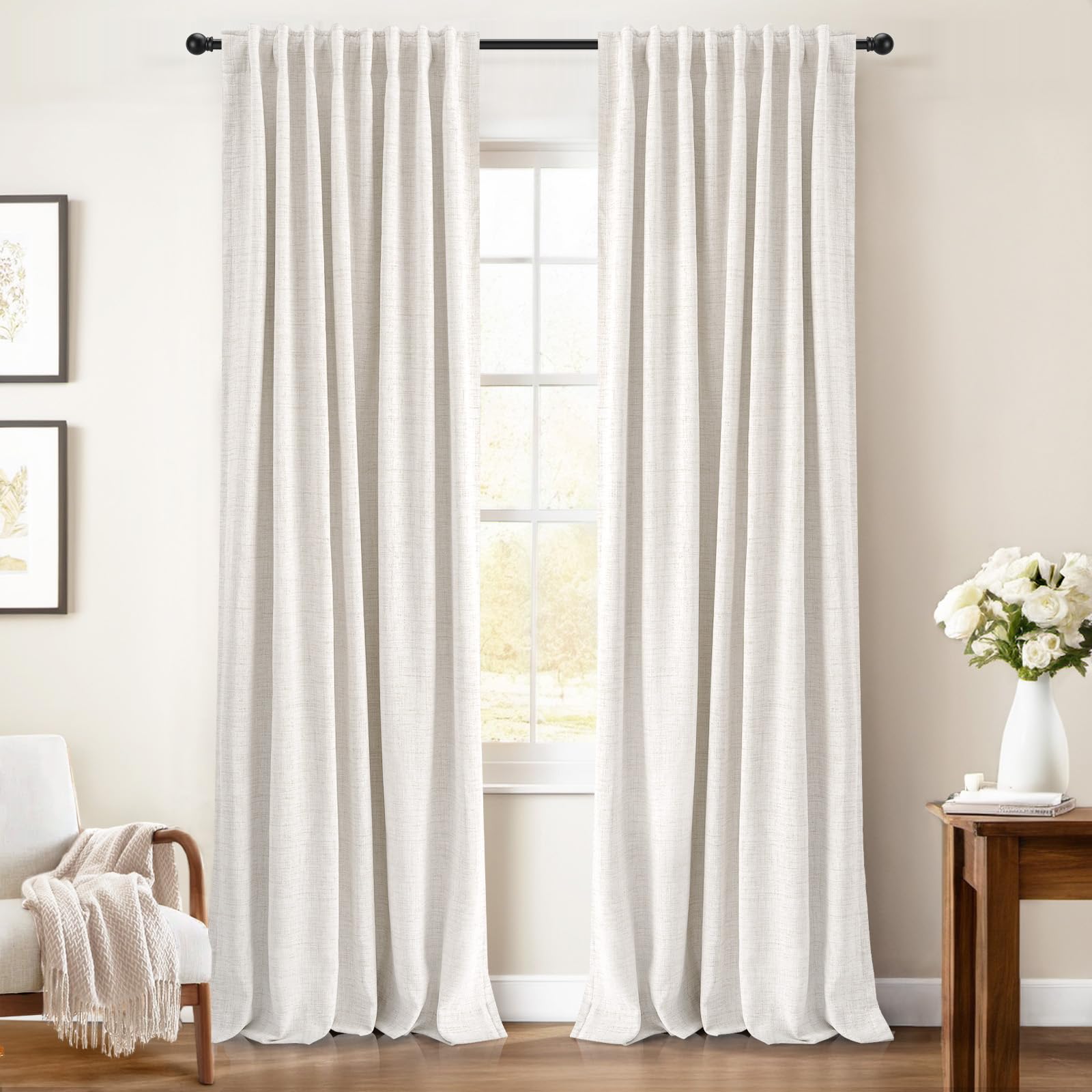INOVADAY 100% Blackout Curtains 92 Inches Length 2 Panels Set, Back Tab/Rod Pocket Linen Black Out Curtains for Bedroom, Thermal Insulated Window Drapes - Beige, W50 X L92
