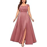 MISSMAY Women's Plus Size Sequin Lace Off Shoulder Satin Slit Formal Evening Party Maxi Dress