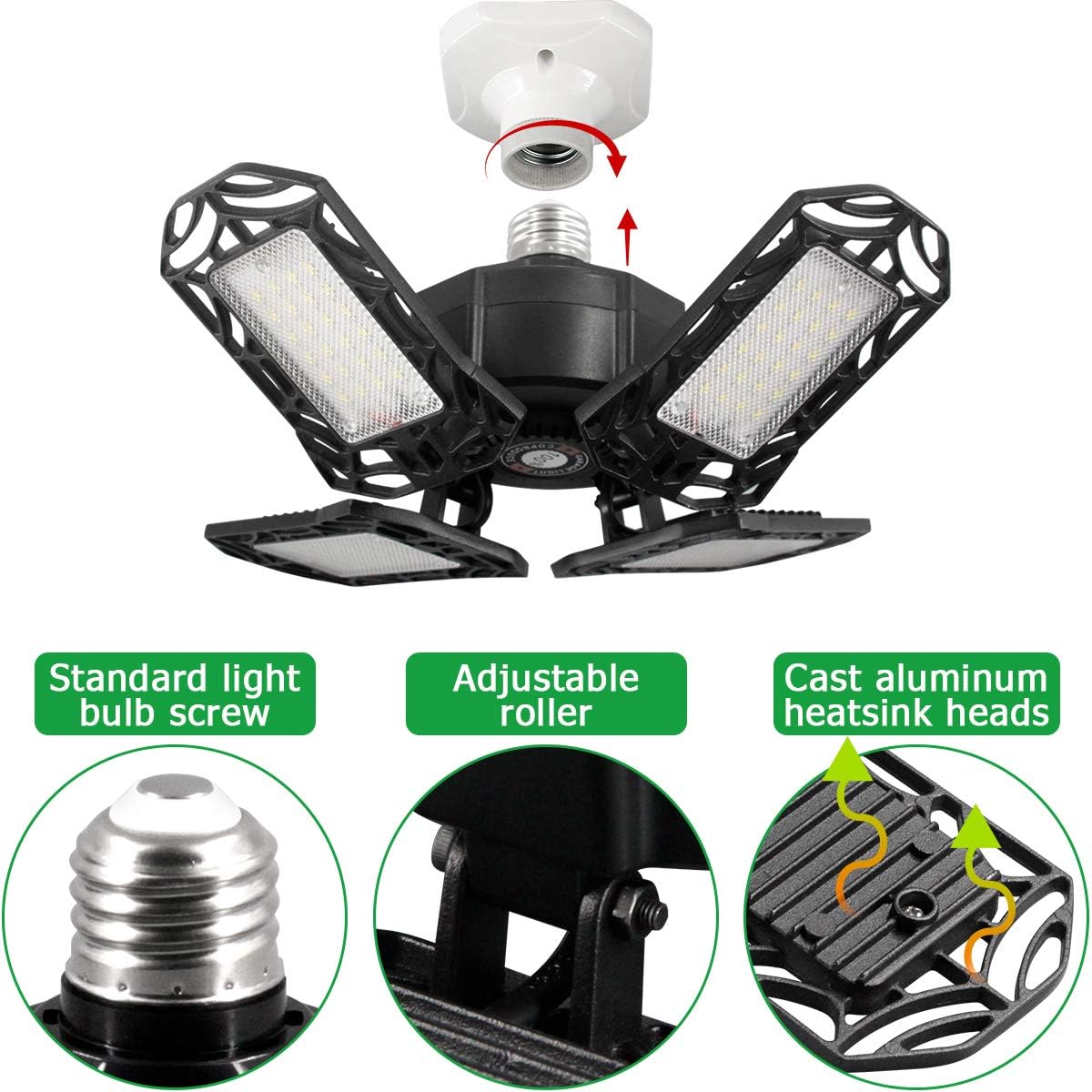 Led Garage Lights, 100W Garage Lighting 12000Lm 6500K E26/E27 Daylight White Deformable Four Leaf Garage Light Ceiling Led Shop Lights Super Bright Garage Light Bulb for Workshop Barn 2 Pack - - 