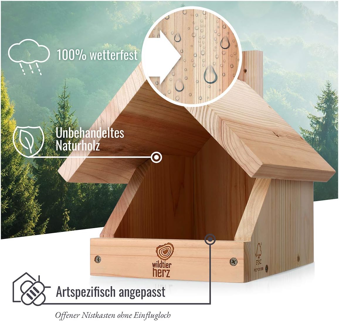 wildtier herz I Blackbird nesting box made of screwed solid wood, weatherproof & untreated, bird house for half-cave breeders - Image 3