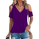 LEIYEE Womens Summer Cold Shoulder Tops Sexy Casual Short Sleeve V Neck Cute Front Knot Ruched Shirred T Shirt Blouse