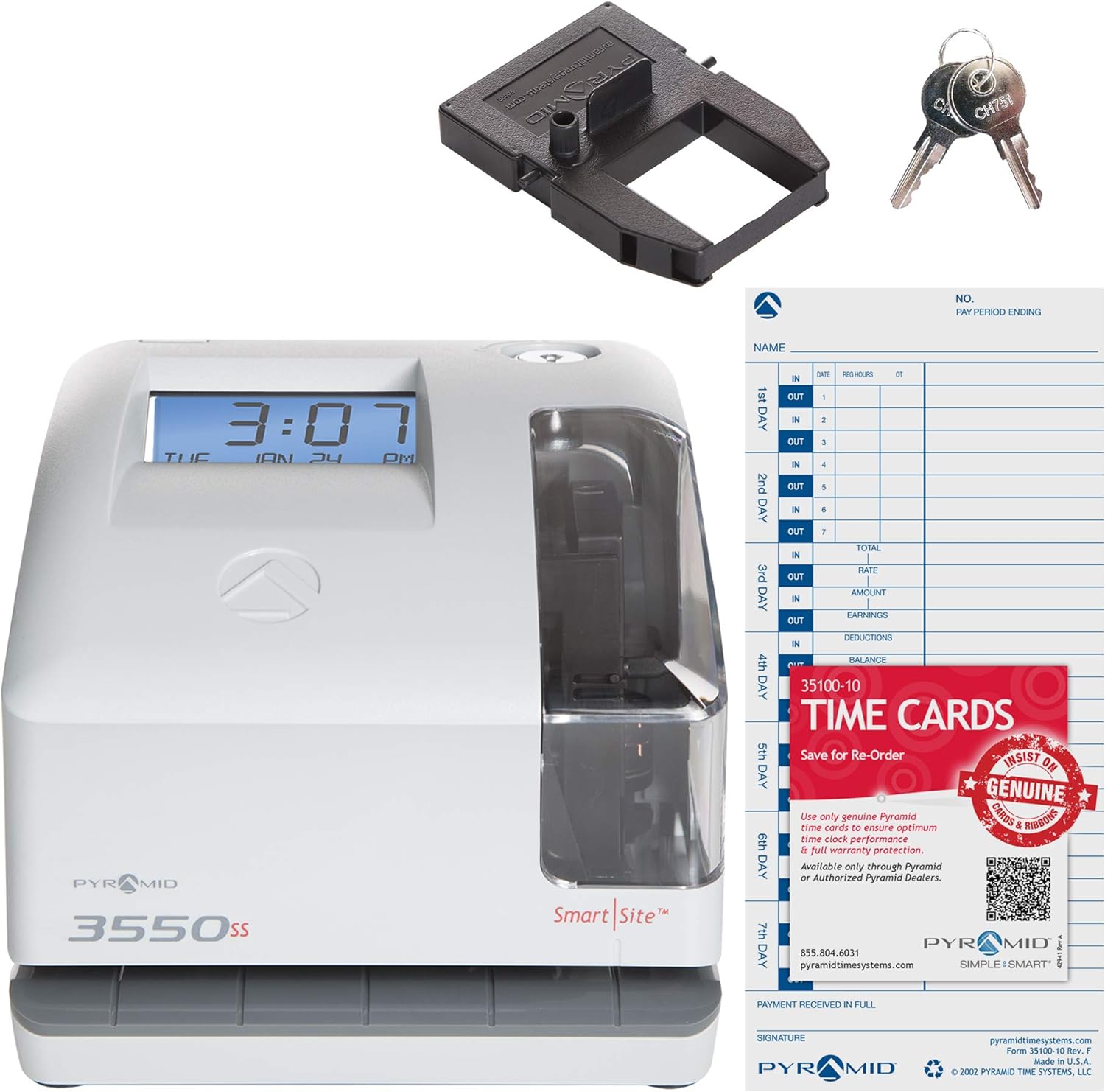 Pyramid Time Systems, Model 3550SS SmartSite Time Clock and Document Stamp, Patented SmartSite LED Linear Light Guide, Includes 25 time Cards, Ribbon, 2 Security Keys and User Guide, Made in USA : Electronics
