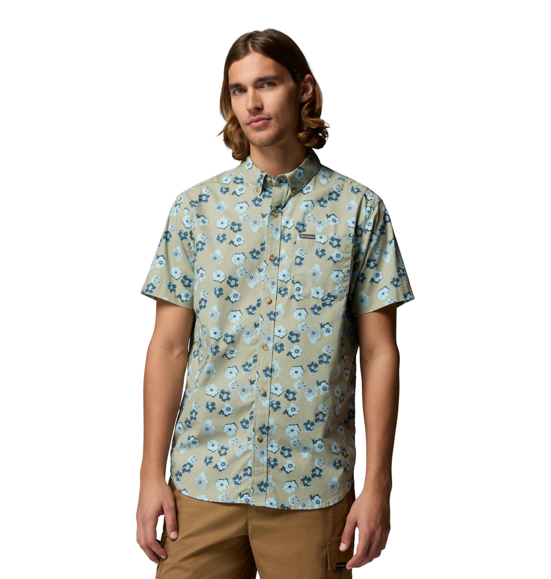 Columbia Men's Rapid Rivers Printed Short Sleeve Shirt, Safari/Floweret, Small Image