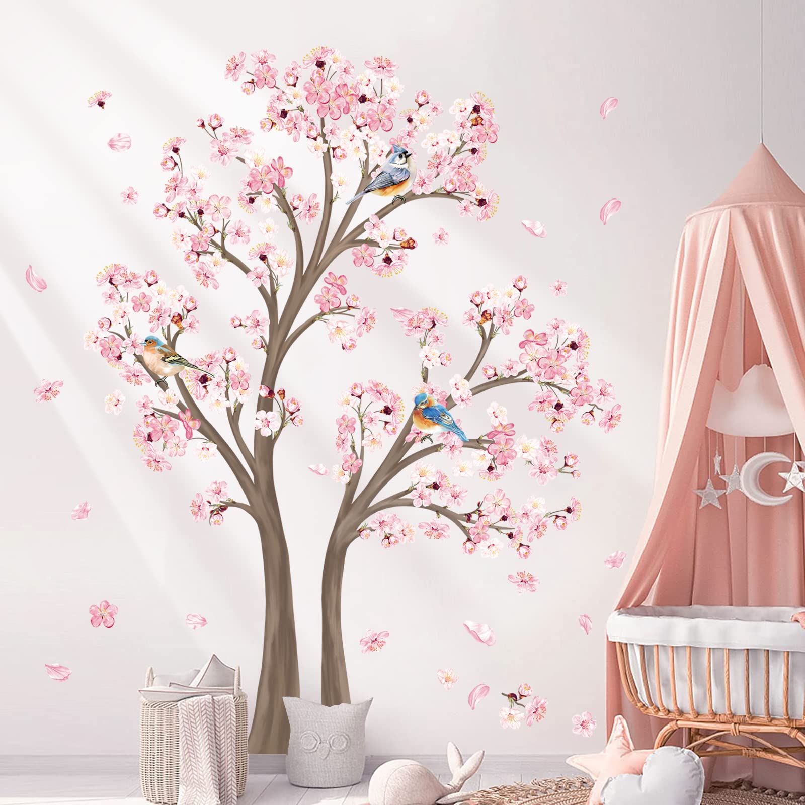 decalmile Large Cherry Blossom Tree Wall Decals Pink Flower Tree Branch Wall Stickers Living Room Bedroom Baby Nursery Wall Decor (Tree H: 151cm)