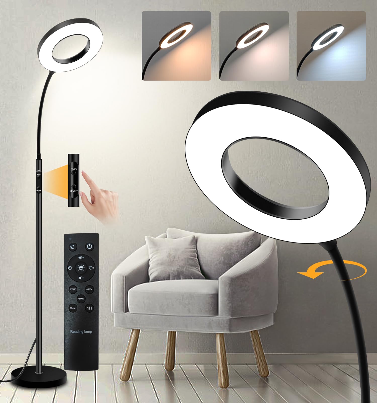 Photo 1 of vividstarry LED Reading Floor Lamp with Remote & Touch Control, Bright Adjustable Gooseneck Lamp for Living Room Bedroom Office, Eyelash Extensions tattooing Light,?Timer,2700K-6500K