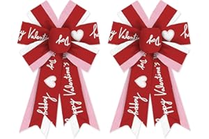 Threetols 2 Pack Valentine's Day Wreath Bows, Pink Red White Stripe Bows for Wreath Anniversary Red Heart Decoration Bows for Indoor Outdoor Holiday Proposal Wedding Party Decor