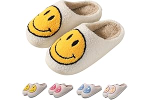 FACAXEDRE Retro Smile Face Slippers, Happy Face Slipper for Women, Soft Plush Comfy Preppy Women Slippers, Smile Cushion Slides, Fluffy House Slippers for Men
