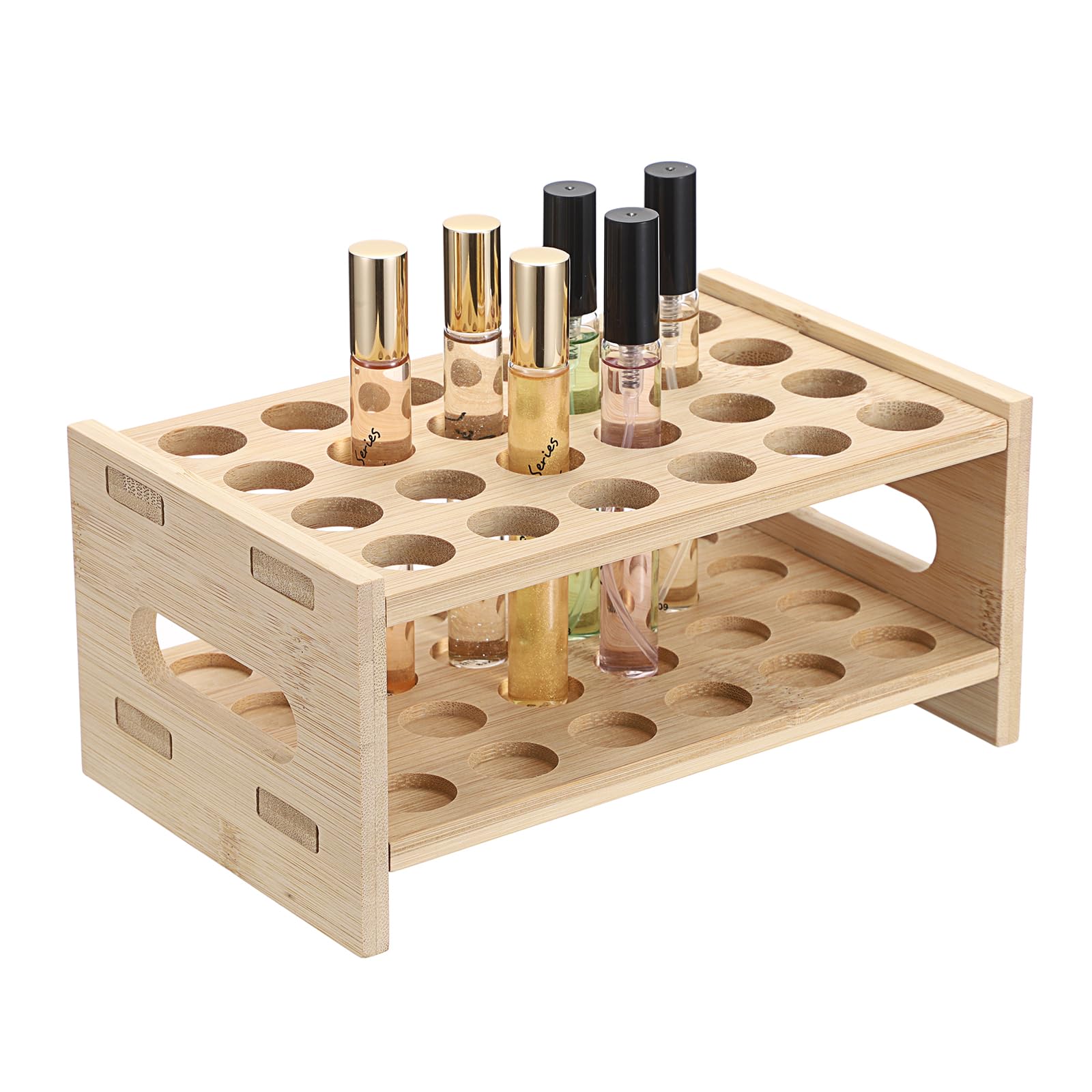 Photo 1 of ELLDOO Rollerball Perfume Organizer, 24 Spaces Bamboo Perfume Storage Holder Beauty Scent Holder with Handle, Makeup Lipgloss Lipstick Display Case