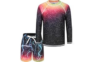 AISYEE Boys Two Piece Rash Guard Swimsuits Set with Swim Trunk Kids Long Sleeve Bathing Suit Swimwear Set