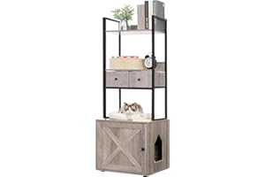 Hey-brother Litter Box Enclosure with 2 Storage Shelves and 2 Drawers, Large Hidden Cat Litter Box Furniture with Soft Cushion, Stores Most Litter Boxes and Cat Litter, Rustic Gray MPJ130SG