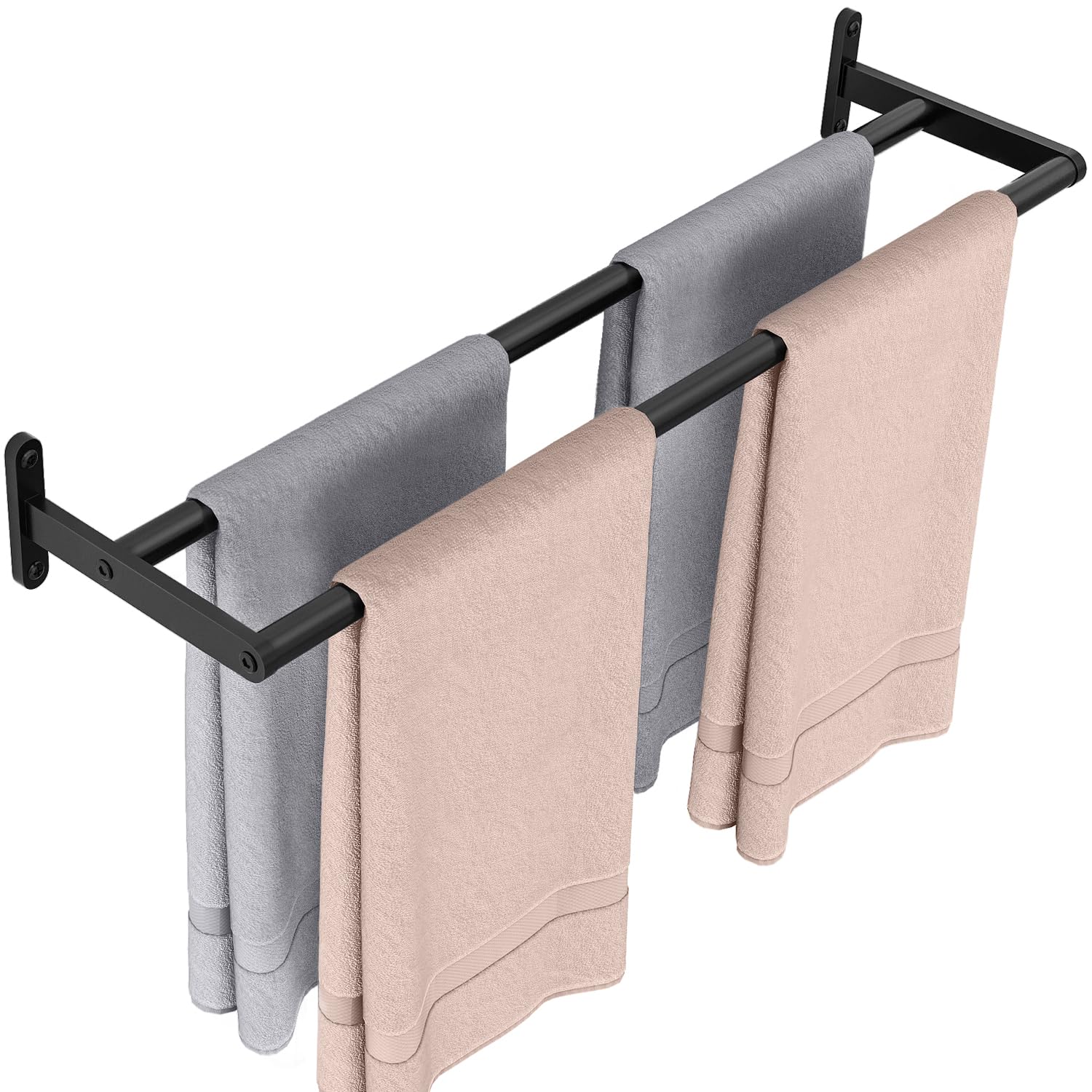 YUMORE Double Towel Rail Wall Mounted 60CM Bathroom Towels Holder Stainless Steel Dual Rod Long Bath Sheet Bar Rack for Bathroom Toilet Kitchen, Black