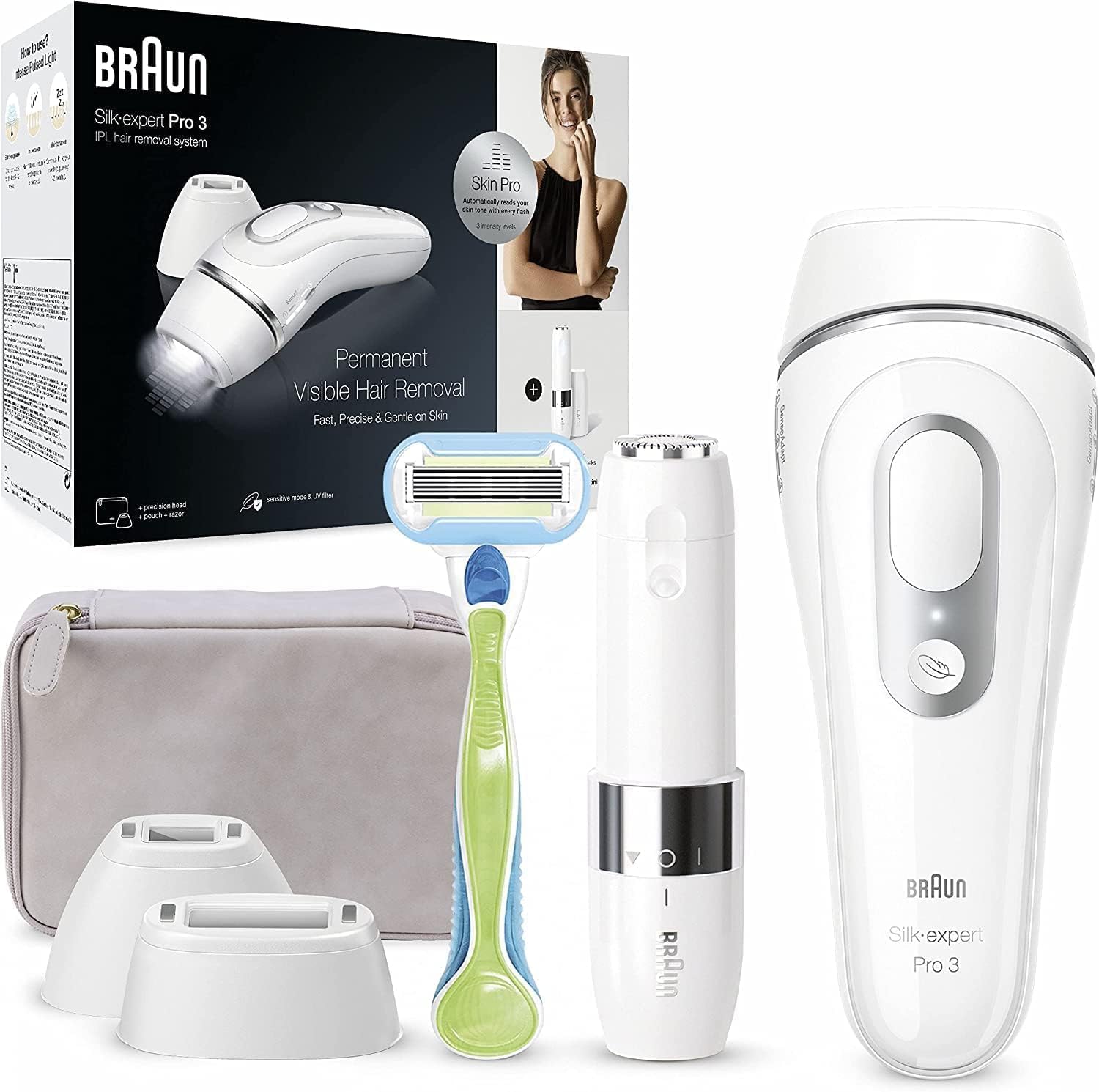 Braun IPL Silk Expert Pro 3 Haarentfernungsgerät Damen, 2 Aufsätze, sichtbare Haarentfernung, Designed In Germany, Gesichtshaarentferner, Alternative zu Laser Haarentfernung, PL3139, Weiß/Silber