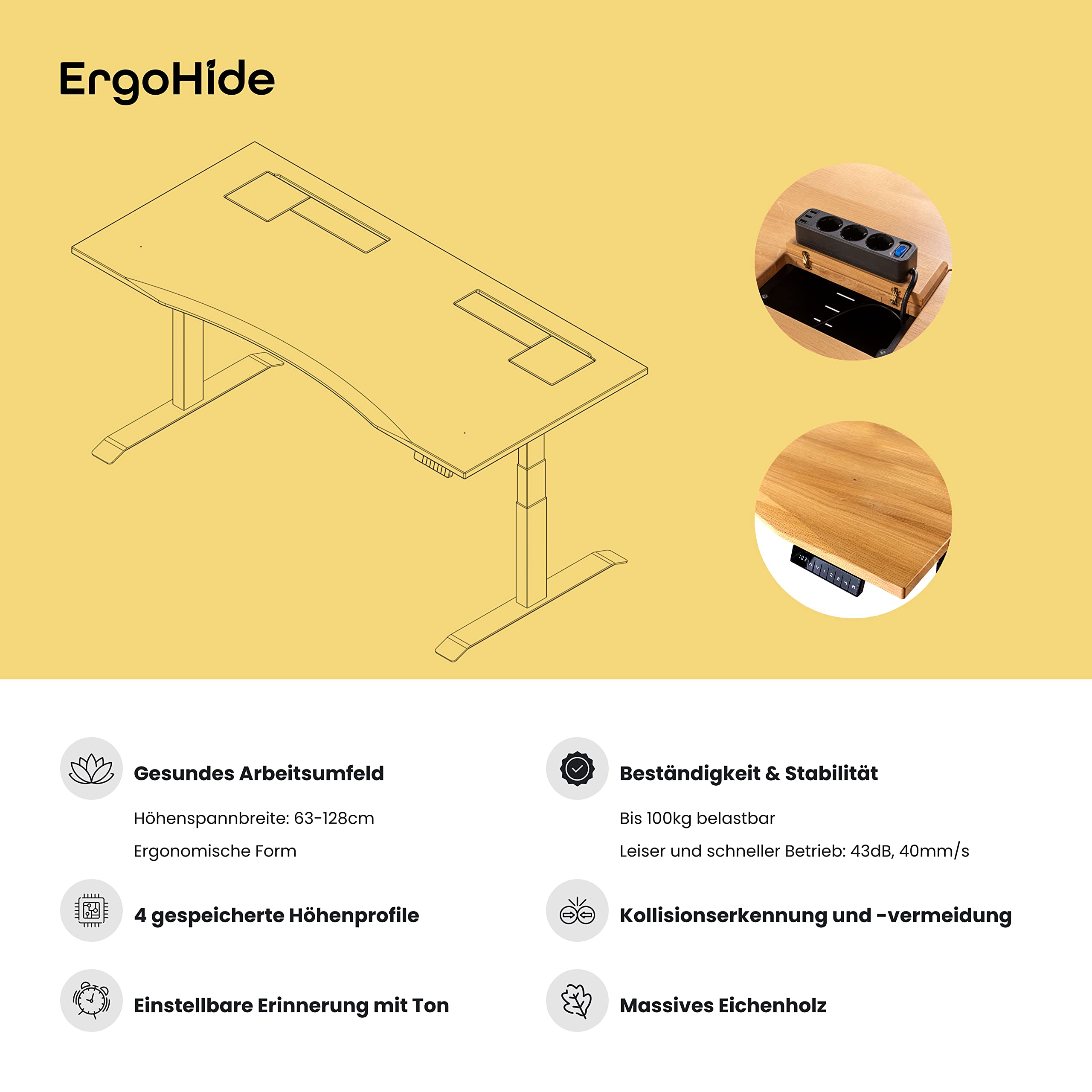 ErgoHide® Höhenverstellbarer Schreibtisch aus Massivholz mit erweitertem Kabelmanagement/Kabelkanal (Eiche, Schwarz, Ergonomisch, 150x80cm) 4