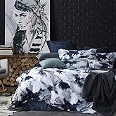 MILDLY 100% Long Staple Cotton Duvet Cover Set Dark Blue Ginkgo Leaf Watercolor Comforter Cover Set