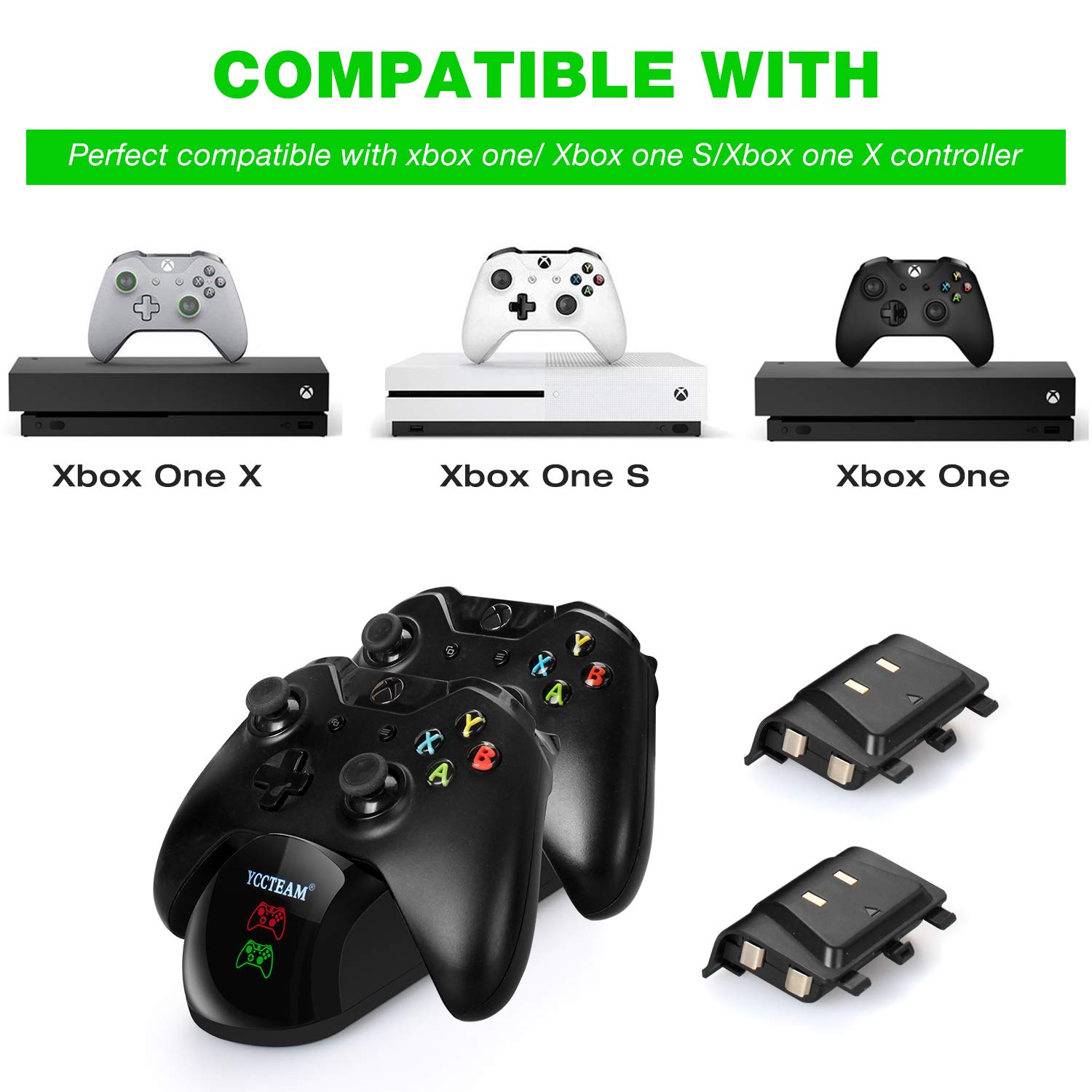 Xbox One/Xbox One S/Xbox One X Controller Charger, Xbox One Twin Charging Docking Station with 2 x Rechargeable Battery Packs for Xbox Wireless Controller (Not for Elite Controller)