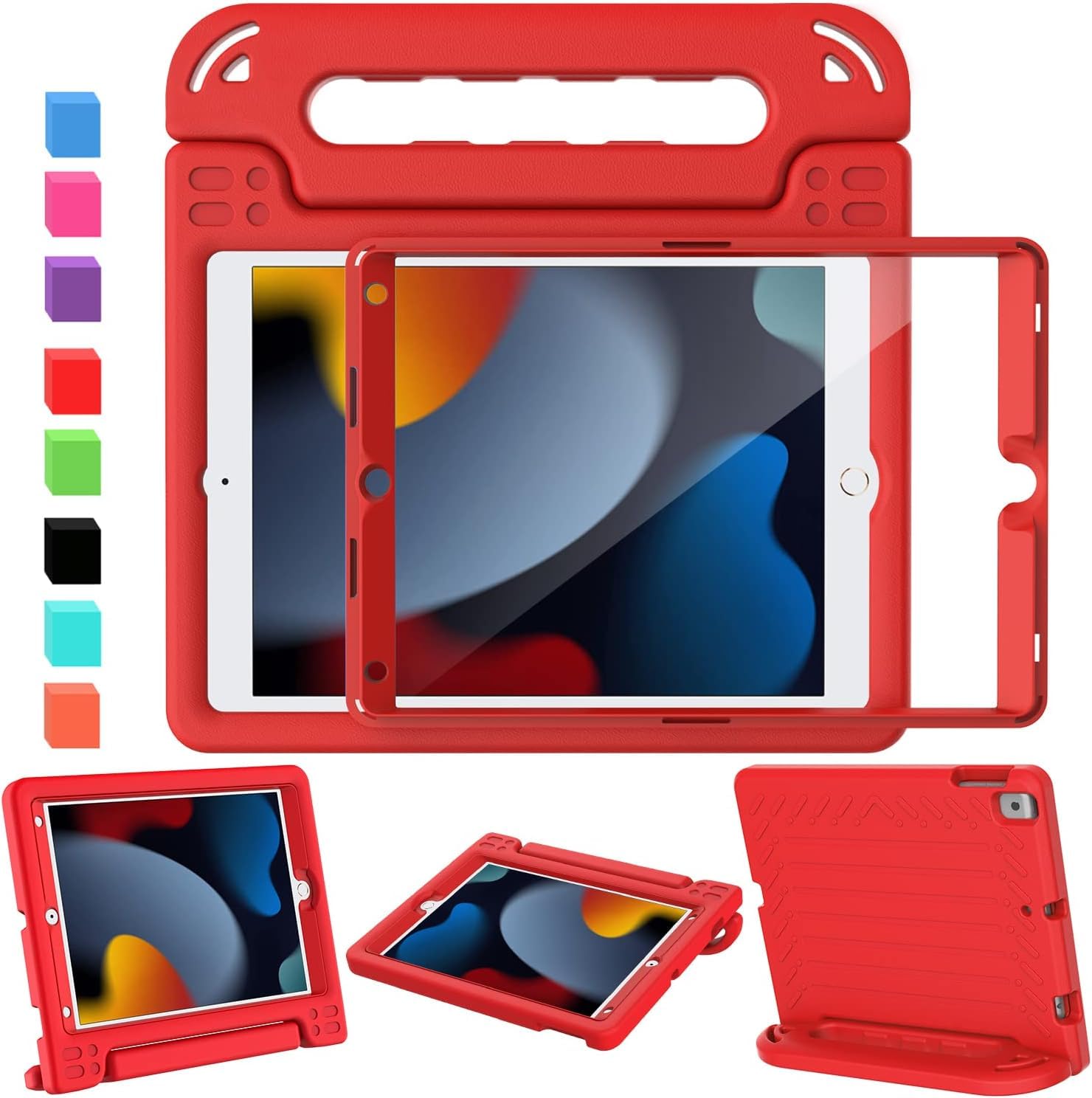 SINSO Case for iPad 9th Generation 2021/iPad 8th Generation 2020/iPad 7th Generation 2019, 10.2 Inch Kids ipad Cover Built-in Screen Protector, Shockproof Light Weight with Handle/Stand, Red