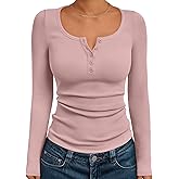 Trendy Queen Long Sleeve Shirts for Women Henley Ribbed Fall Tops Dressy Business Casual Teen Girl Winter Cute Basic Tees