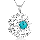 QKABTI Celtic Moon and Sun Necklace, 925 Sterling Silver Natural Turquoise Pendant, Boho Celestial Jewelry Gift for Women