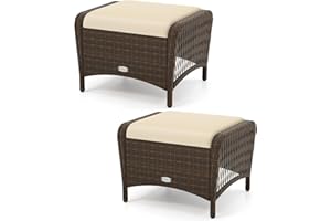 RELAX4LIFE 2-Piece Wicker Outdoor Ottoman - Rattan Footstools w/Removable Cushions, Multipurpose Foot Rest, Additional Seating & Side Table for Garden Porch Balcony, Set of 2 Patio Ottoman (Beige)