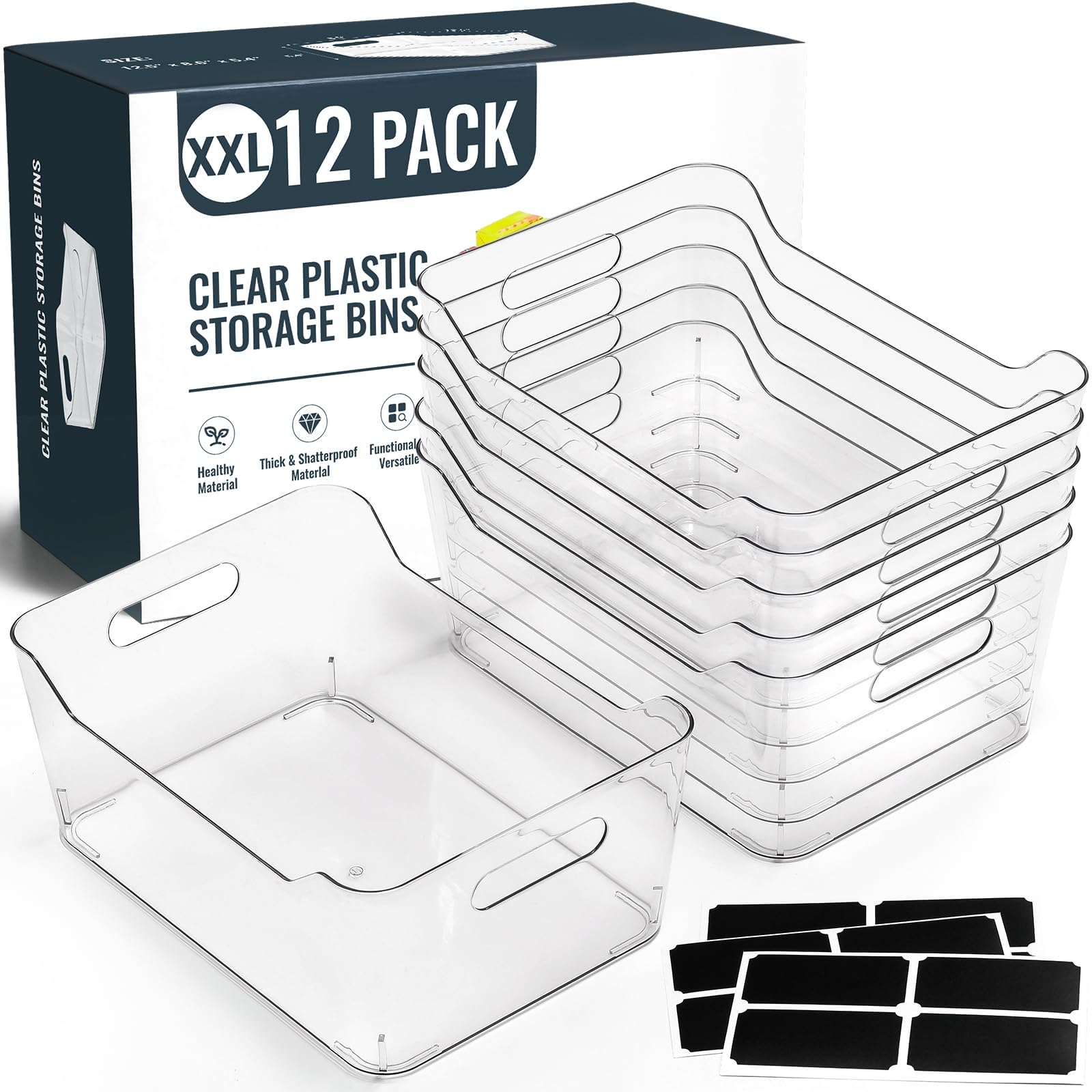 Photo 1 of 12 PACK Multi-Use Clear Plastic Storage Bins for Organizing w/ Labels - Home, Kitchen, Pantry, Bathroom, Office, Cabinet Shelf Organizer Bins - SOHO Collection, RV, Fridge Organization Containers -XXL