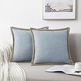 NordECO HOME Set of 2 Farmhouse Throw Pillow Covers - Burlap Linen Trimmed Tailored Edges Decorative Cushion Covers for Bed Home Decoration, 18 x 18, Blue