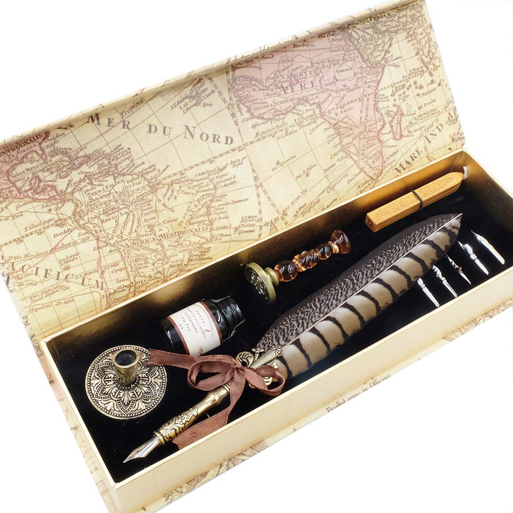 GC Calligraphy Pen Set- Luxury Dip pen Quill Pen and Ink Set with 5 nibs, pen holder, Seal Stamp and wax in gift box LL-66