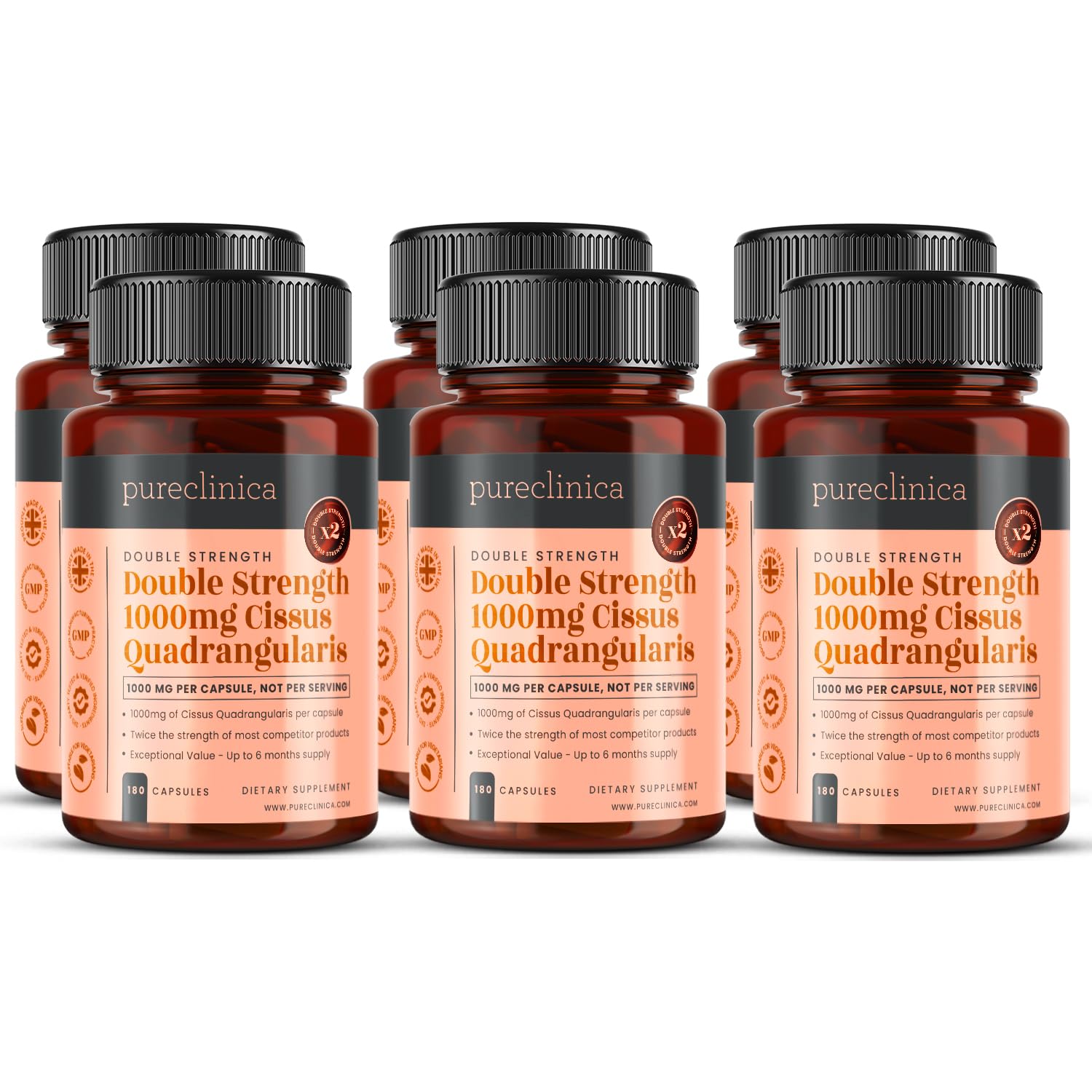 Double Strength Cissus Quadrangularis 1000mg x 1080 Veggie Capsules (6 Bottles of 180 - up to 3 Years Supply)