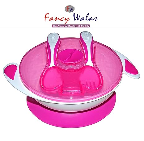 Fancy Walas Presents Kids Unbreakable Portable Dispenser Feeding Dish with Cover Spoon and Fork Storage Container Bowl with Vacuum Suction Hold (Pink)