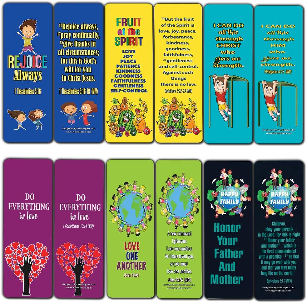 Christian Bookmarks for Kids (12-Pack)- Character Building Bible Verses Cards - Great Stocking Stuffers for Easter Baptism Thanksgiving Christmas Sunday School Party Favors Classroom Incentives
