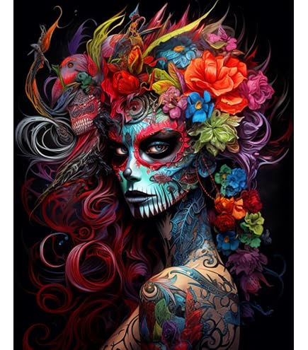 Kit de peinture par numéros pour adultes, jour mexicain des morts crânes - Peinture par numéros sans cadre pour adultes débutants - Décoration murale colorée - 40,6 x 50,8 cm