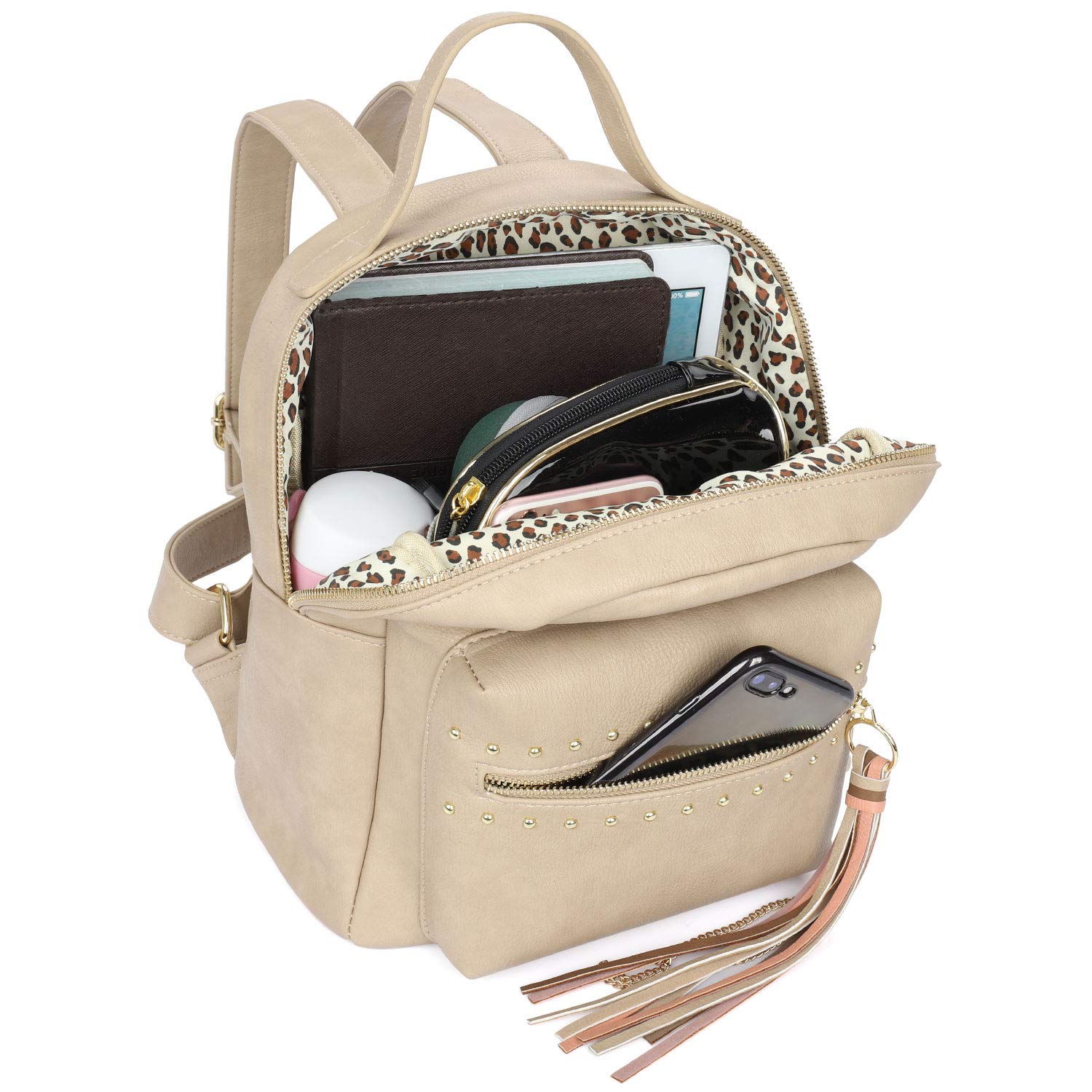 Backpack Purse for Women, Manificent Small PU Leather Backpack for Women Fashion Waterproof Cute Purse Backpack with Tassel, Dark Beige