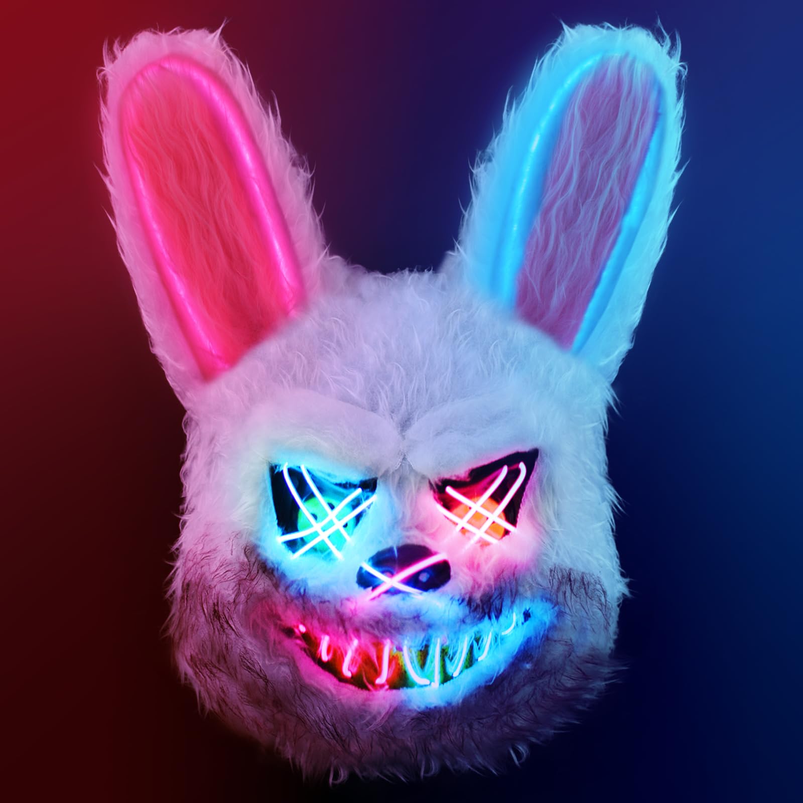Photo 1 of ZONESTA Halloween purification mask lights up, LED horror angry rabbit mask bloody plush role-playing horror Halloween costume