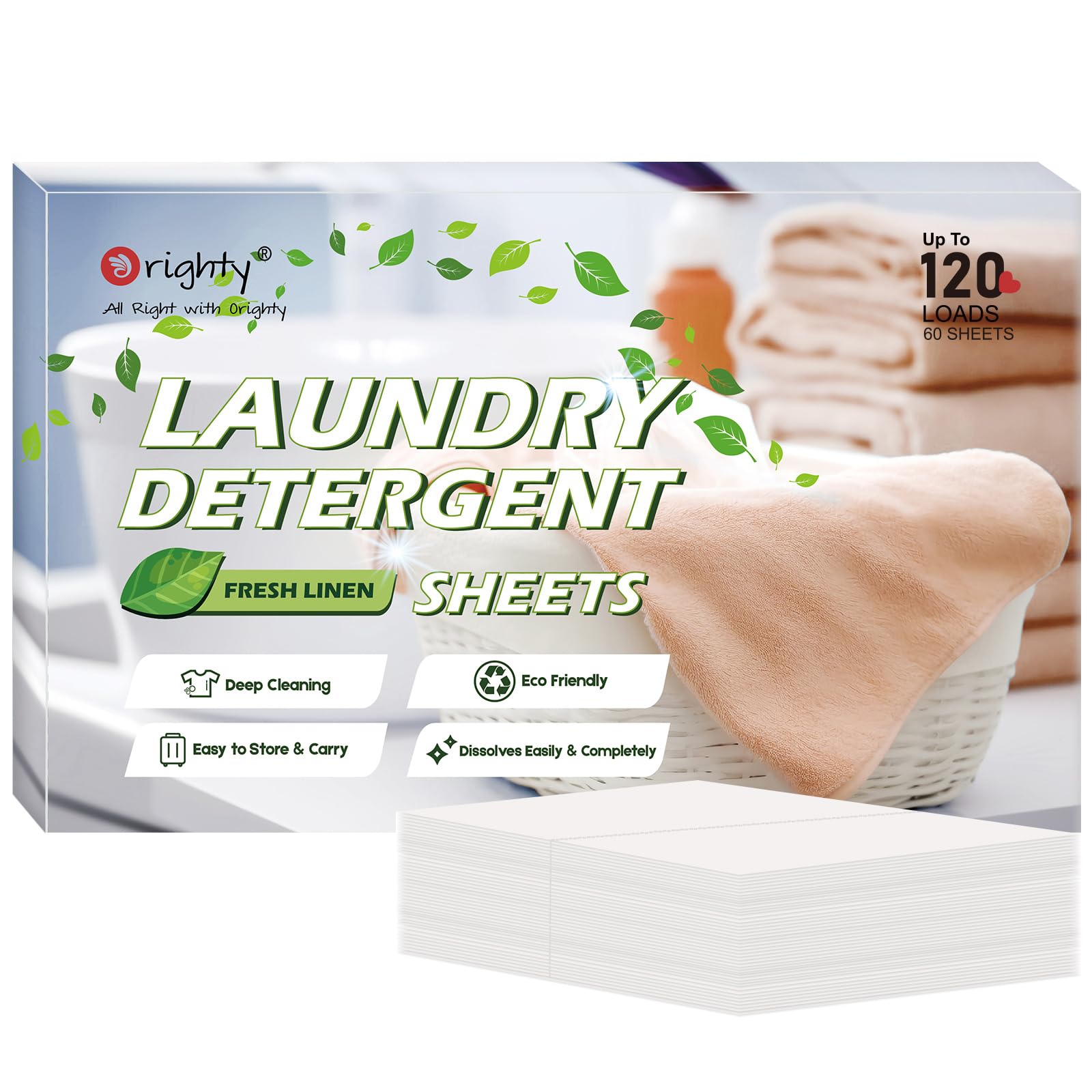 Photo 1 of Orighty Laundry Detergent Sheets, 60 Count, Fresh Linen Scent, Eco-Friendly, Hypoallergenic, Portable, No Plastic Jug, 120 Loads