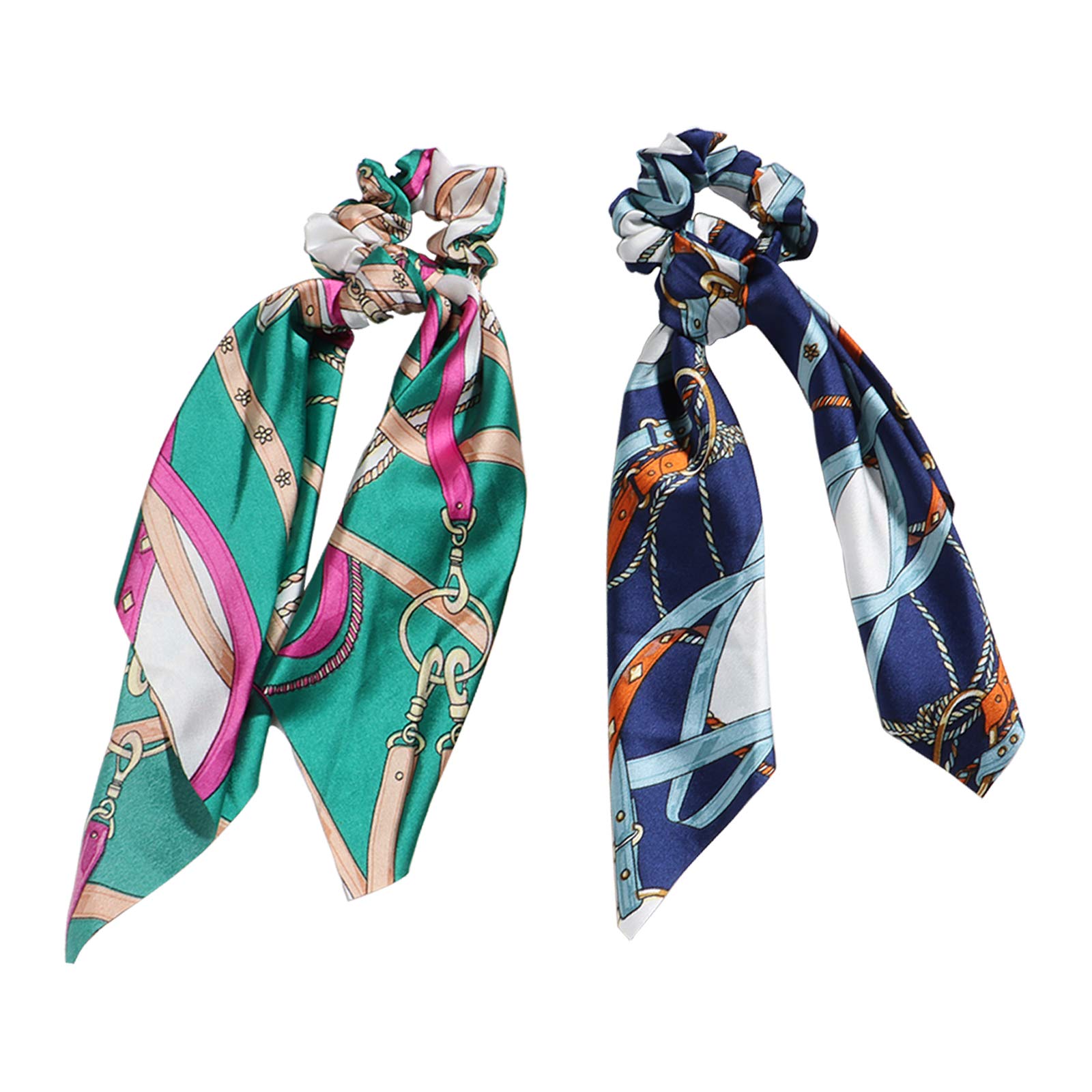 2 Pcs Hair Scrunchies Satin Silk Elastic, 2 in 1 Hair Bands Hair Scarf Ponytail Holder Scrunchy Ties Flower Pattern Vintage Traceless Hair Rope Accessories for Women Girls
