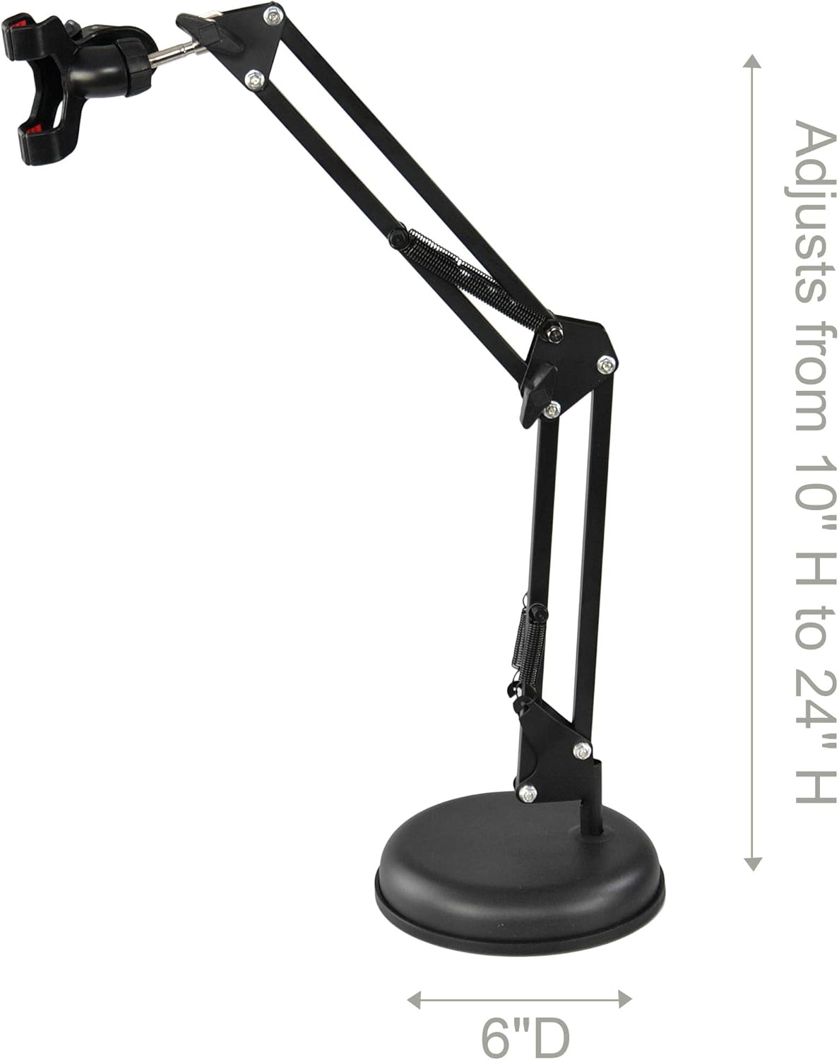 HOME-X Desktop Telescopic Phone Stand, Adjustable Height and Weighted Base, Universal Phone Clip and Flexible 360-Degree Rotation, Black, 6” D adjusts from 10” – 24” H