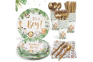 LOPEASTAR 175Pcs Safari Baby Shower Decorations Plates Set, Jungle Theme Zoo Animals Plates Napkins Cups and Cutlery for 25 Guests