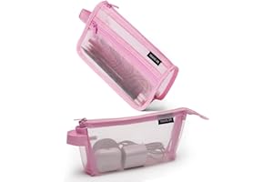 WANGZHONG MOUNTAIN 2-Pack Grid Mesh Pencil Case with Handle and Zipper, Double Layer Clear Pencil Pouch, Travel Makeup Bag and Small Toiletry Bag for Purse, Marker Pouch, College Essentials School Supplies (Pink)