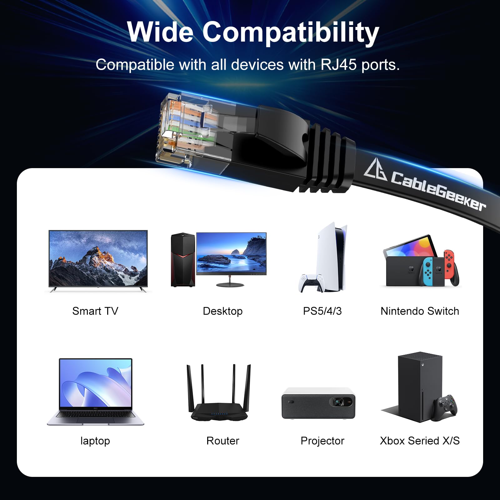 Cat 6 Ethernet Cable 100 ft, Indoor&Outdoor, High Speed 10Gbps Internet Network, Pure Copper Flat Ethernet Patch Cable Long, Computer LAN Cable with Clips & Straps for Router, Modem, PS4/5, Black