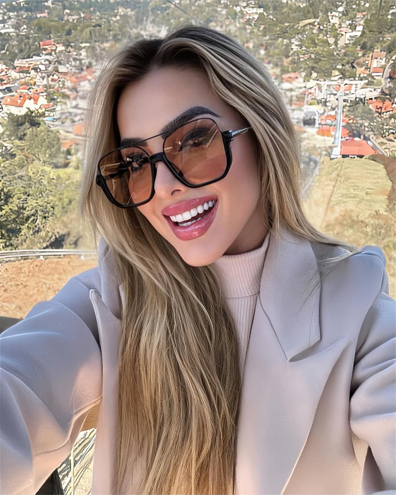 GUVIVI Retro Oversized Aviator Sunglasses for Women Men Square Double Bridge Pilot Sun Glasses 70s Trendy Shades